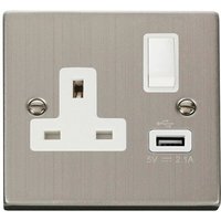 Stainless Steel 1 Gang 13A DP 1 USB Switched Plug Socket - White