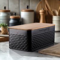Livingandhome Metal Bread Bin with Bamboo Lid - Black