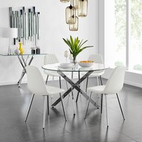 Novara Chrome Metal And Glass Round Dining Table And 4 Corona Silver Chairs Set - White