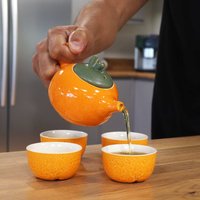 Herbal Orange Teapot Set with 4 Cups, Ceramic, Stylish Compact - Orange