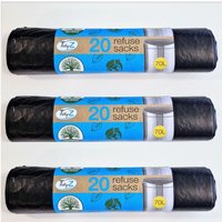 20 Black Bin Bags Household Refuse Sacks 70L Rubbish Waste Bin Liner - Black / 3
