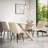 Etta Glass Dining Table Set w Solid Oak Legs w 4-6 Nova Velvet Chair - Beige / 4
