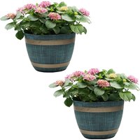 Set Of 2 Large Rustic Style Plastic Half Barrel Cask Planter - Blue