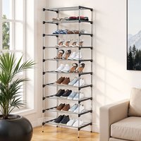 10-Tier Tall Metal Shoe Rack - Silver + Black