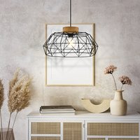 Eglo Padstow Geometric Black Wire Steel and Wood Pendant Light - Black, Natural