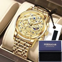 POEDAGAR Mens Multi-Functional Skeleton Quartz Watch - Gold