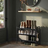 3 Tier Metal Shoe Rack with Hooks Adjustable, Black - Ink Black