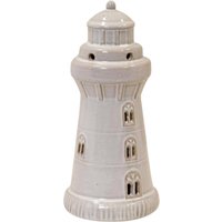 Four Candle Glazed Ceramic Lighthouse with LED Ornament with Textured Detail in White