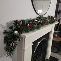 Premier 180cm Silver Dressed Christmas Garland Berries Pinecones, Silver Baubles - Green
