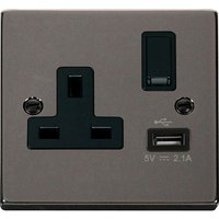 Black Nickel 1 Gang 13A DP 1 USB Switched Plug Socket - Black Nickel