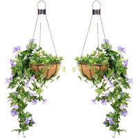 Artificial Duranta Purple Flowers Hanging Basket with Solar Light - Purple / 2