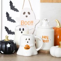 Hey Boo Ghost Storage Jar Cute Ceramic Treat Container for Halloween - White