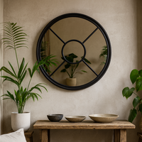 Round Matt Wooden Windowpane Mirror - Black