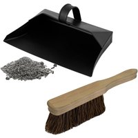 Hooded Metal Dustpan With Wooden Sweeping Hand Brush Stiff Hard Bassine Bristle - Black & Brown