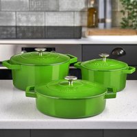 Set of 3 Cast Iron Casserole Dishes with Lids - Green