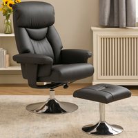 Denton Black Leather Effect Reclining Chair And Footstool - Black