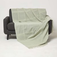 Homescapes Kashi Cotton Throw with Tassels - Sage / 360cm