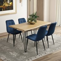 Wooden Dining Table Set With 4 Blue Velvet Chairs Dining Furniture - Brown