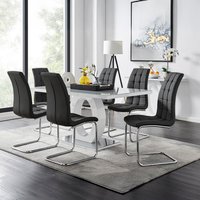 Giovani Grey White Modern Glass Dining Table With Six Murano Chairs Set - Black