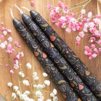 Set of 3 Black Midnight Print Taper Candles for Gothic Decor - Black