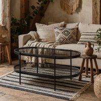 Wyld Haus Featheroak Oval Coffee Table - Grey Smoked Glass Top, Matt Black Steel Base - Grey