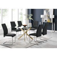 FurnitureboxUK, Leonardo Gold Dining Table With Six Lorenzo Chairs - Black FurnitureboxUK, Leonardo Gold Dining Table With Six Lorenzo Chairs - Black