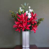 Artificial Red Lily Arrangement Silver Glass Vase - Red Lily Silver Glass Vase
