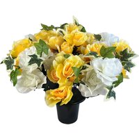 Artificial White and Yellow Rose and Ivy Flower Grave Pot Arrangement - White and Yellow