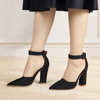 Heels Pointed Toe Block Pumps with Ankle Strap - Black / 7