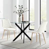 Novara 100cm Round Black Leg Kitchen Dining Table And 2 Pesaro Gold Leg Chairs - Cream
