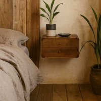 Monforte Wall Mounted Curved Bedside Table Chestnut Mango Wood 2 Drawers - Brown