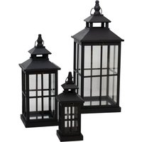 Set Of 3 Black Window Style Lanterns - Black