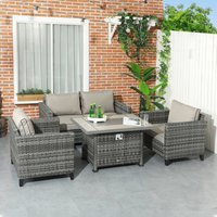 Outsunny 5 Pieces Patio Garden Rattan Gas Fire Pit Furniture Sets - Grey