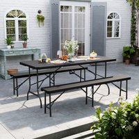 Outdoor Foldable Camping Table Bench Set with Rattan Weave Effect - Black
