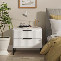 Fluted Ready Assembled 2 Drawer Side Table - White Matt