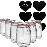 1 Litre Glass Storage Jars with Heart Labels Pack of 6 - Clear