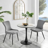 Elina White Marble Effect Round Dining Table and 2 Nora Black Leg Chairs - Light Grey