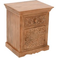 Carved Mango Wood Bedside Table With Storage - Brown