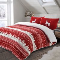 Nordic Red Teddy Soft Cosy Fleece Duvet Set - Red / Double