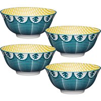 Folk Print 4-Piece Ceramic Bowl Set - Blue