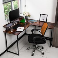 Abrihome Industrial Rustic L Computer Desk with Self Corner for Home Office - Brown