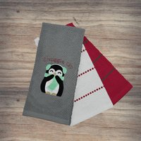 Festive Fun 3 Pack Super Absorbent Fast Drying Tea Towels Penguins Snuggle - Grey