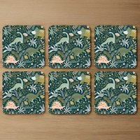 Hand drawn dinosaurs and tropical leaves and flowers. Designer Coaster Set - Green