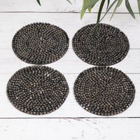 Set of 4 Grey Metallic Glass Beaded Coasters - Grey