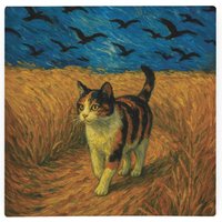 Van Gogh Wheatfield With Crows Cat Portrait Glass Hot Pot Stand - Heat Resistant Non-Slip Trivet - Orange