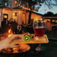 Set of 4 Bamboo Cocktail Appetiser Cheese Board Plate with Wine Glass Holder - Brown