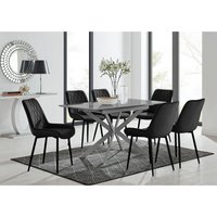 Lira 120cm Grey Metal Extending Dining Table and 6 Pesaro Black Leg Chairs - Black