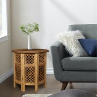 Round Carved Wooden Coffee Bedside End Table - Gold / 30cm