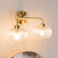 Amaia 2 Way IP44 Bathroom Wall Light with Ribbed Glass Shades and Bulbs - Gold
