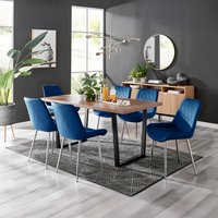 Kylo Brown Wood Effect Dining Table 6 Pesaro Silver Leg Chairs - Navy